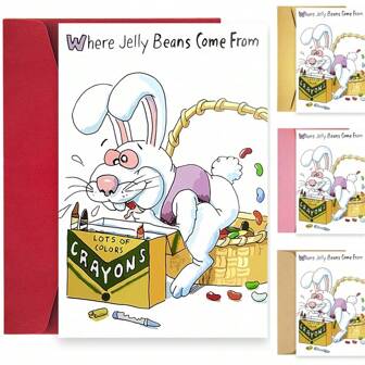 1 张异想天开的复活节贺卡，带有卡通兔子和软糖 - “软糖来自哪里”信息，适合所有人，适合办公室的白色设计