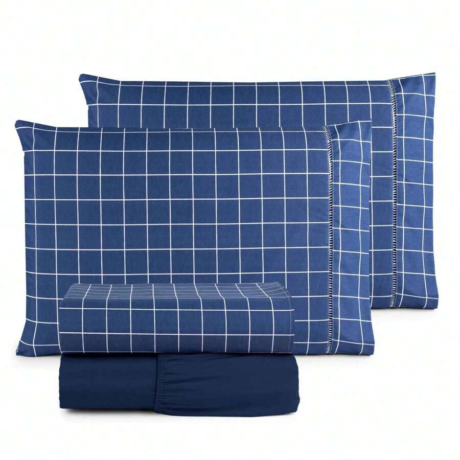 Printed Bed Sheet Set 4 Pieces 100% COTTON Single Double Queen King Palito Stitch - BLUE GRID - View 1