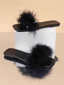 女士新款时尚夏季露趾绑带毛茸茸装饰经典黑色凉鞋，平底舒适轻便防滑，户外休闲沙滩度假风格 - 黑色 - 查看 5