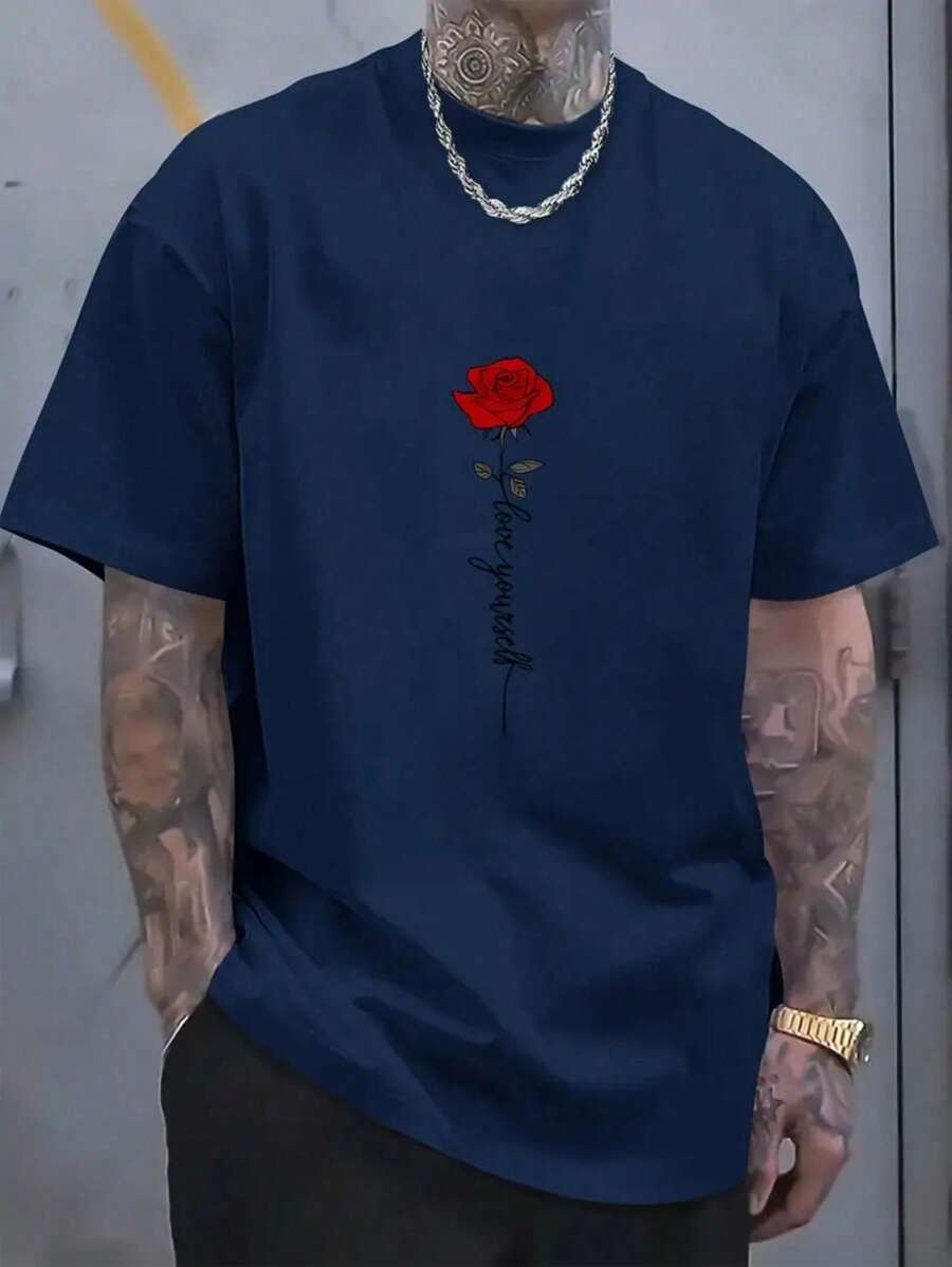 Men's PINK Love Yourself Print T-Shirt Launching 2025 Casual Fashion Short Sleeve Shirt 100% Cotton In Premium Mesh Launching - 藏蓝色 - 查看 1