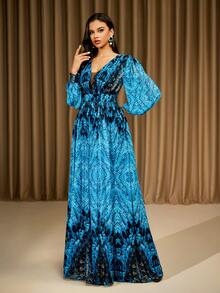 蓝色长袖 V 领花卉印花雪纺连衣裙