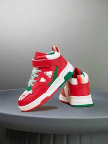 1 Paar Kinder High Top Sneaker, PU Leder Sportschuh, Indoor Outdoor Lässig Laufschuh, leicht an- und ausziehbar mit Klettverschluss, leicht, rutschfest, atmungsaktiv, bequem, modischer unisex Retro Stil - Rot - Übersicht 6