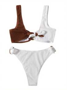 Ladies Summer Split Swimwear Set, Adults Women Creative Double Color Splicing Ring Decoration Sexy Bikini Swimsuit for Vacation - Blanco y marrón - Ver 5