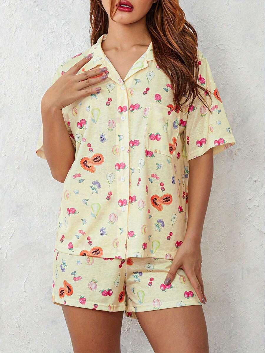 Women 2 Piece Pajamas Set Short Sleeve Floral Print Button Shirt Tops Shorts - Màu vàng - Xem 1