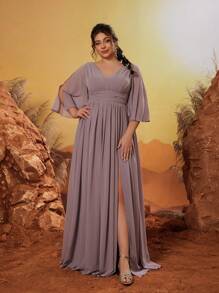 Mgiacy V-Neck Handmade Pleated Mid-Length Backless Tied Elegant Bridesmaid Formal Dress - Dusty Pink - View 3