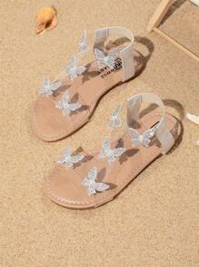 Girls Sandals For Summer, Butterfly Decor, Round Toe Flat Exposed Toe Princess Roman Shoes, Suitable For Outdoor, Shopping, Beach Travel