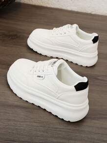 1 双女式休闲白色皮革春季滑板鞋，系带款式，2025 年春季新品 - 米黑色 - 查看 7