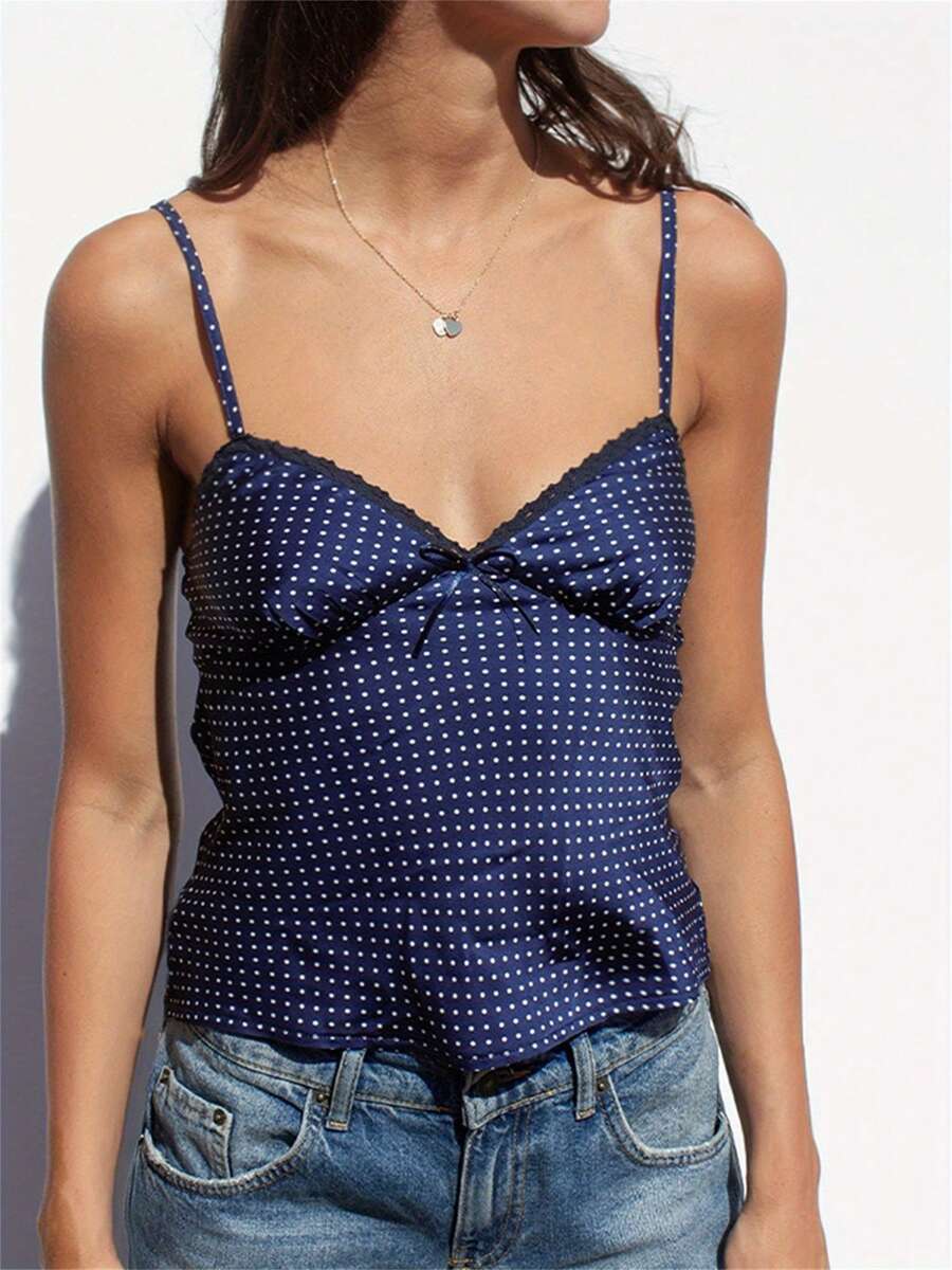 Women's Summer Camisoles Spaghetti Straps Dot Pattern Lace Trim Stylish Slim Fit Crop Tank Tops Cute Going Out Lingerie Tops - 藍色 - 查看 1