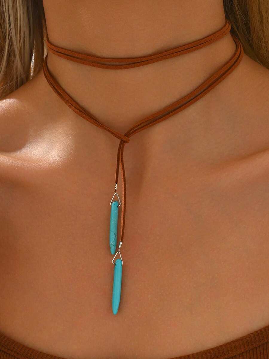 1pc Bohemian Style Adjustable Long Necklace With Vintage Geometric Turquoise Pendant, Suitable For Daily Wear - Multicolor - View 1