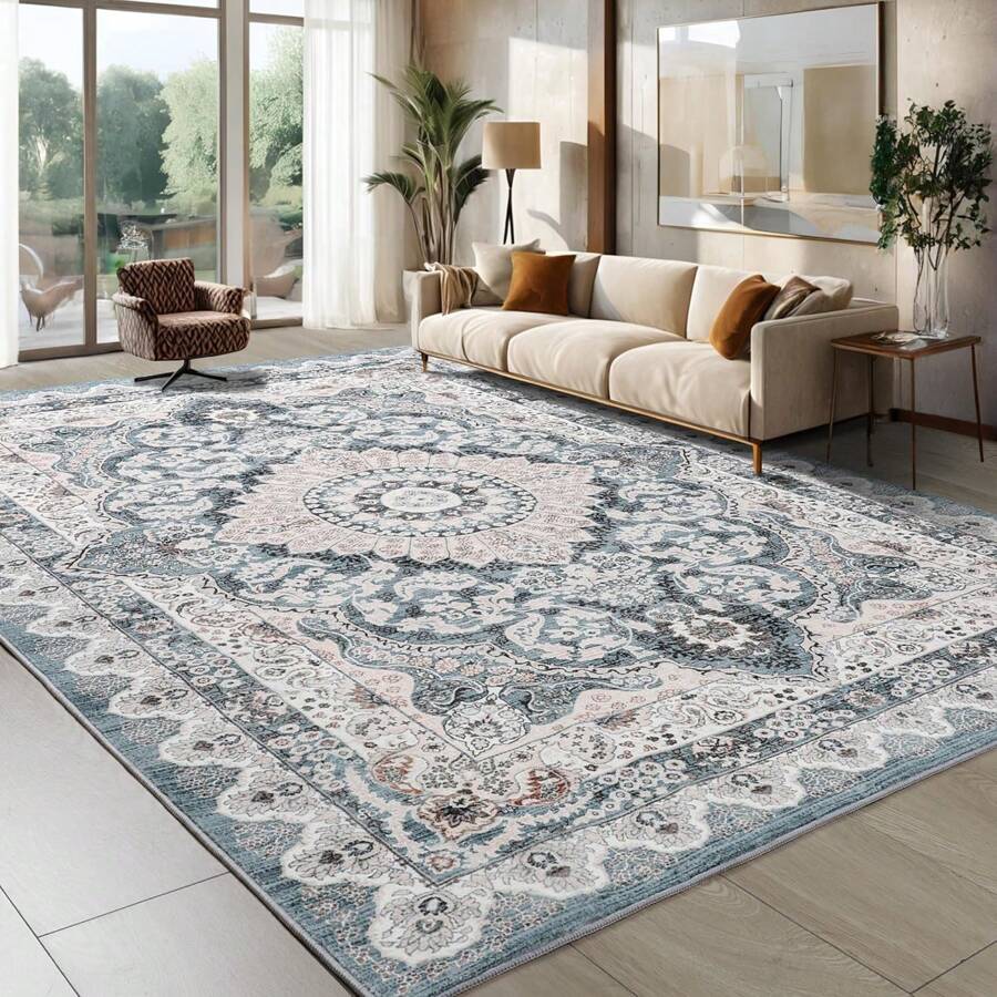 Low Pile Washable Rugs For Living Room, Faux Wool Vintage Rug For Bedroom Dining Room Home Decoration - 藍白色 - 查看 1