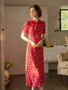 Simple Retro Women's Spring And Summer Holiday Style Printing Red Bottom White Small Flowers Elegant Medium-Length Shirt Collar Dresses - Red - View 6