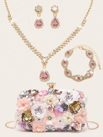 4 件水钻首饰套装项链耳环手链闪亮珠宝闪亮项链耳环手链套装用于花朵手提包婚礼手拿包女士包晚宴包手拿包婚礼派对新娘钱包缎面花朵珠绣包晚宴手拿包手提包