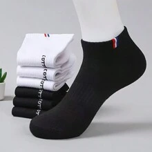 6 Pairs Men's Thin Low Cut Socks, Summer Breathable Letter Print Short Black Athletic Socks