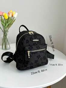 Fashionable Floral Print Black Backpack For Teens, Double Zipper Design, Suitable For Daily Use