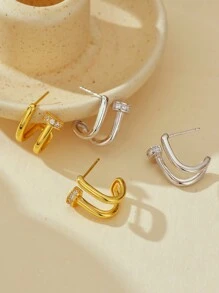 轻奢几何 925 纯银耳钉镶嵌锆石防水镀金精致耳环适合女士日常佩戴 - Stud Earring - 查看 4