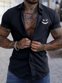 Men's Solid Color Plain Button-Down Casual & Business Commuting Minimalist Print Short Sleeve Shirt - Black - View 1