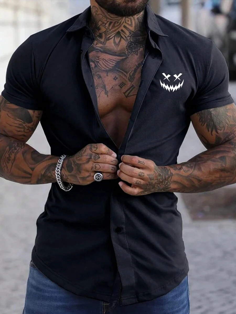 Men's Solid Color Plain Button-Down Casual & Business Commuting Minimalist Print Short Sleeve Shirt - Black - View 1