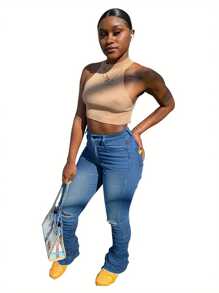 Women Stacked Denim Leggings Casual High Waist Skinny Ripped Bell Bottom Denim Pants With Pockets