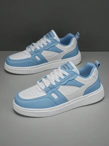 男士字母休闲运动鞋皮面拼接个性撞色轻便户外防滑平底运动鞋