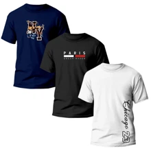 Kit 3 Camisetas Estampadas NY, PARIS, CHICAGO 23 Camisa Masculina 100% Algodão Unissex - Azul Marinho - Visão 2