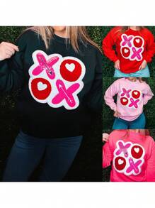 Womens Valentines Day Sweatshirts Long Sleeve Round Neck Letter Patchwork Pullovers Oversized Tops