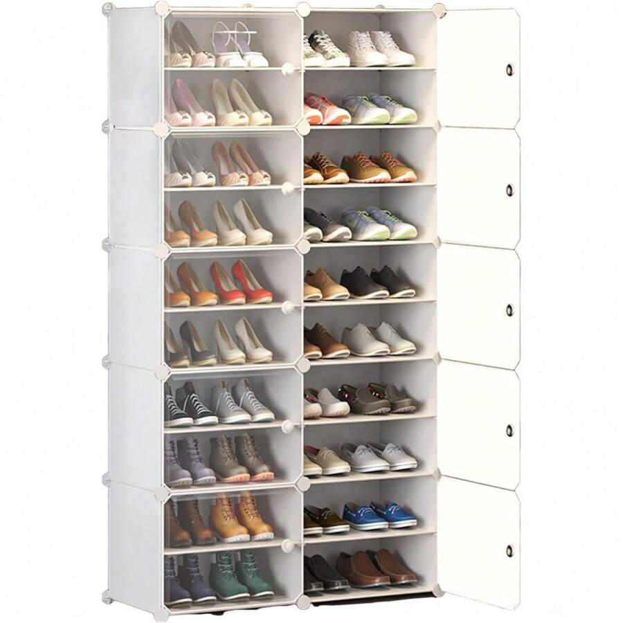 TMOSLY Zapatero con Cubierta,10Niveles 40pares de Armario de Almacenamiento de Zapatos, Cajas de Zapatos de Estantes de Plástico para Zapatos, Organizador para Armario, Pasillo, Dormitorio. - 2 columnas de 10 colores transparentes - Ver 1