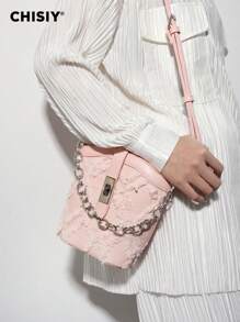 CHISIY Handmade Orignal Kyoto Diamond Texture Tassel Chain Pink Faux Leather Fabric Fashion Bucket Bag, Elegant Business High Capacity Women Commuter Bag, Casual Student Simple Music Festival Shoulder Bag, New Year Gift, Valentine's Day Gift, Suitable For Work, Shopping, Vacation, Travel, Party, Autumn/Winter, Crossbody Bag
