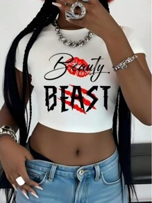 Camiseta corta de manga corta con estampado de labios y eslogan, cuello redondo, ajustada, para mujer, estilo casual, para primavera y verano