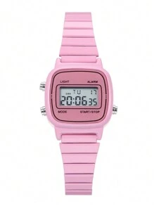Fashionable Women's Square Pink Stainless Steel Band Electronic Watch, Multi-Function Sport Women's Calendar Digital Wrist Watch Suitable For Daily Wear, Holiday Gift - Pink - View 7