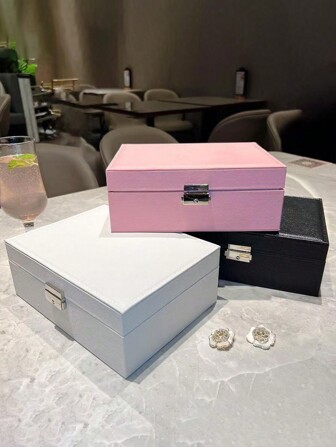 1 个带锁双层珠宝盒，适用于项链、耳环、戒指和其他配饰。情人节、珠宝盒、耳环珠宝盒、耳环收纳盒、梳妆台、卧室配件、家庭组织和收纳、房间装饰、送给她的情人节礼物、可锁收纳盒、多层带锁、双抽屉 PU 皮革珠宝盒