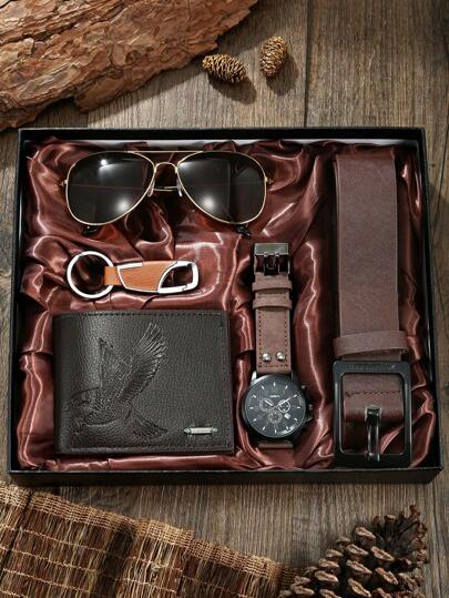 5-teiliges Set Luxus Business Uhr, Sonnenbrille, Geldbörse, Gürtel, Schlüsselanhänger Geschenkbox, perfektes Geschenk für Freund am Valentinstag oder Vatertag, große Kapazität mit Kartenfächern, Business-Lässig Stil, Geburtstagsgeschenk, Abschlussgeschenk, Vatertagsgeschenk