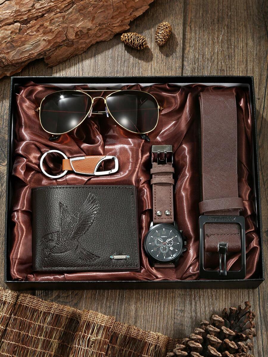 5PCS Set Luxury Business Watch, Sunglasses, Wallet, Belt, Key Chain Gift Box, Perfect Gift For Boyfriend On Valentine's Day Or Father's Day Large Capacity Multi-Card Slots,Business Casual Style,Birthday Gift,Graduation Gift,Father's Day Gift