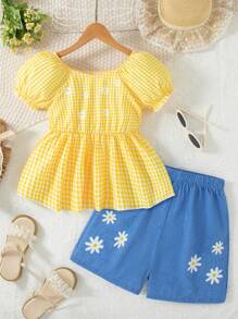 2pcs/Set Girls Casual Floral & Plaid Pattern Ruffle Trim Short Sleeve Top And Shorts Set, Summertime - Yellow - View 1