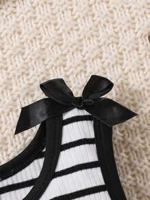 Young Girl Black & White Ribbed Sleeveless Top With Bow Accent + Solid Black Shorts, Spring/Summer Set - Black - View 4