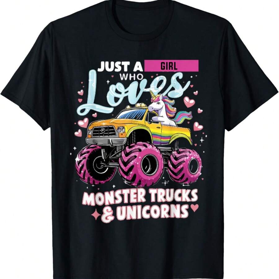 Just A Girl Who Loves Monster Trucks And Unicorns T-Shirt - 黑色 - 查看 1