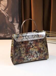 Vintage Snake Retro Pattern Female Handbag, Practical Commuter Crossbody Bag With Flap, Crocodile Texture - Coffee Brown - View 3