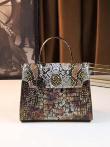 Vintage Snake Retro Pattern Female Handbag, Practical Commuter Crossbody Bag With Flap, Crocodile Texture - Coffee Brown - View 6