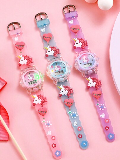 3pcs/Set Hot Air Balloon Designed LED Digital Silicone Wristwatch, Fashionable Unicorn Pattern, Suitable For Teenagers, Birthdays, Back To School, Holidays