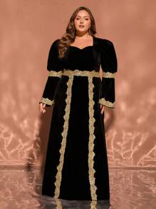 فستان طويل ضيق الأكمام طويل الأكمام ذو رقبة مربعة باللون الأسود المقاس الكبير، محتشم