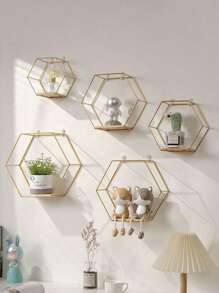Juego de 3 repisas de pared hexagonales doradas, estantería y organizador de almacenamiento de hierro art para decoración colgante, estantería y soporte de adornos
