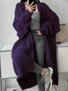 Solid Color Knit Cardigan Sweater, Casual Long Sleeve Drop Shoulder Long Coat, Women - Purple - View 5