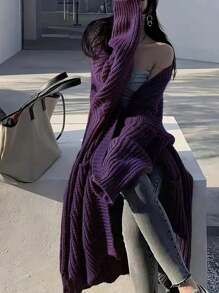 Solid Color Knit Cardigan Sweater, Casual Long Sleeve Drop Shoulder Long Coat, Women - Purple - View 3
