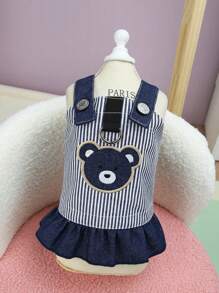 春夏狗狗连衣裙轻质牛仔宠物吊带连衣裙适合贵宾犬和泰迪熊等小型犬，宠物主人配套服装 - 藍色 - 查看 3