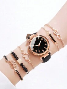 6 pièces Ensemble de montres-bracelets à quartz élégantes pour femmes avec cadran minimaliste à ciel étoilé et échelle numérique + bracelet mode, sans boîte de montre