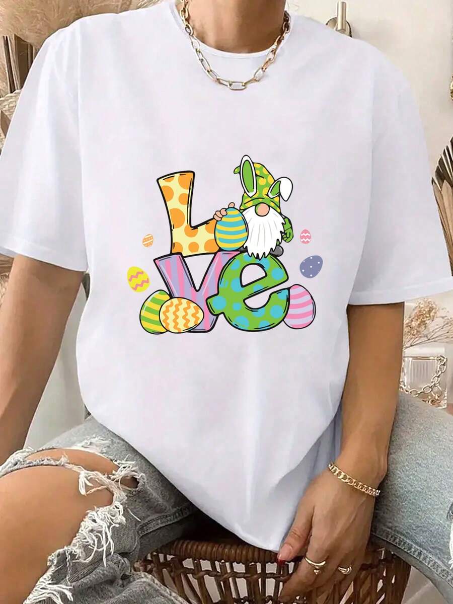Camisetas casuales: camisetas clásicas de cuello redondo y manga corta con estampado de dibujos animados, patrón de arcoíris, largo normal, moda de primavera/verano/otoño, camisetas de mujer para uso diario - Blanco - Ver 1