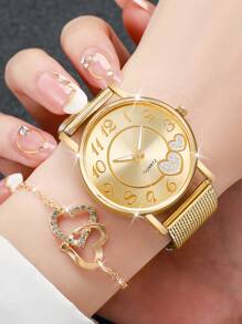 6 Stücke/Set Elegante Damen Quarzarmbanduhr mit Herz Zifferblatt + Herz-förmiger Schmuck, ohne Uhrenetui