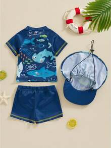 Conjunto de camiseta y shorts de baño de verano para niños y niñas bebés, con estampado de tiburón y delfín, incluye gorra - Azul - Ver 3