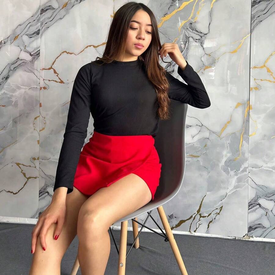 Women Summer Solid Wrap Skort - Red - View 1
