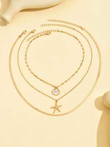 3 件套海滩风格海星和贝壳装饰多层金色金属链项链，时尚扁平蛇链项链，适合女士，适合日常佩戴和度假，是送给朋友的绝佳礼物