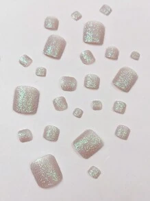 Transform Your Nails With 24pcs Modern Ins Style Silver Glitter Simple Daily Toe Nails Fashionable And Dazzling Multi-Color Glitter Nail Glitter Nail Art Sparkling Feet In The Sunlight Nail Supplies Instantly Enhances Your Charm Suitable For Women's Press On Toenails +1 Piece Of Jelly Glue+1 Rubbing Strip